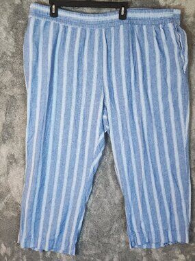 Old Navy Linen Pants Women Plus Size 3X Wide Leg Blue White Stripe Beachy Strech